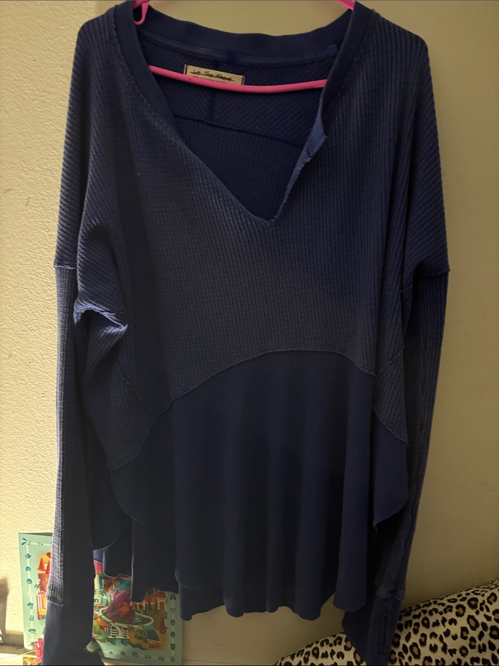 We The Free Navy Blue Long Sleeve V-Neck Mixed Knit Top